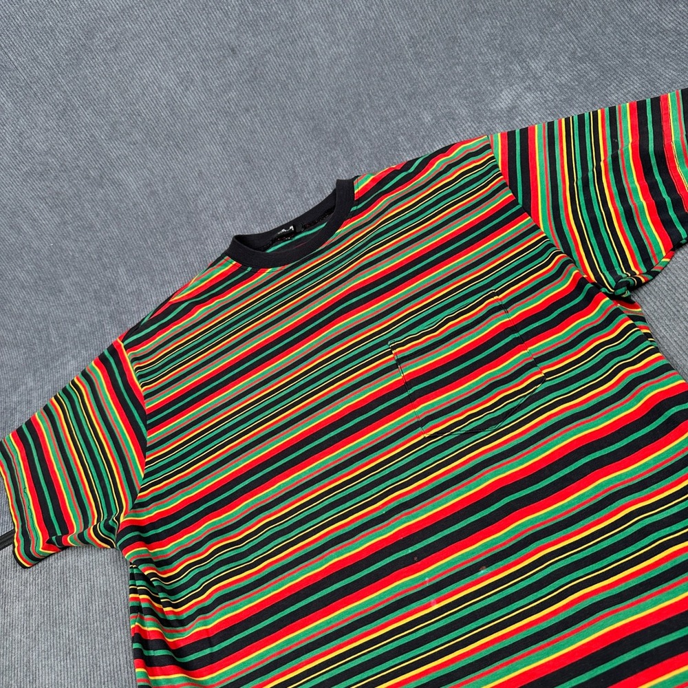 Vintage Stussy 80s Rasta Rare Stripe Pocket T-Shirt Sz Medium Black - Picture 2 of 10